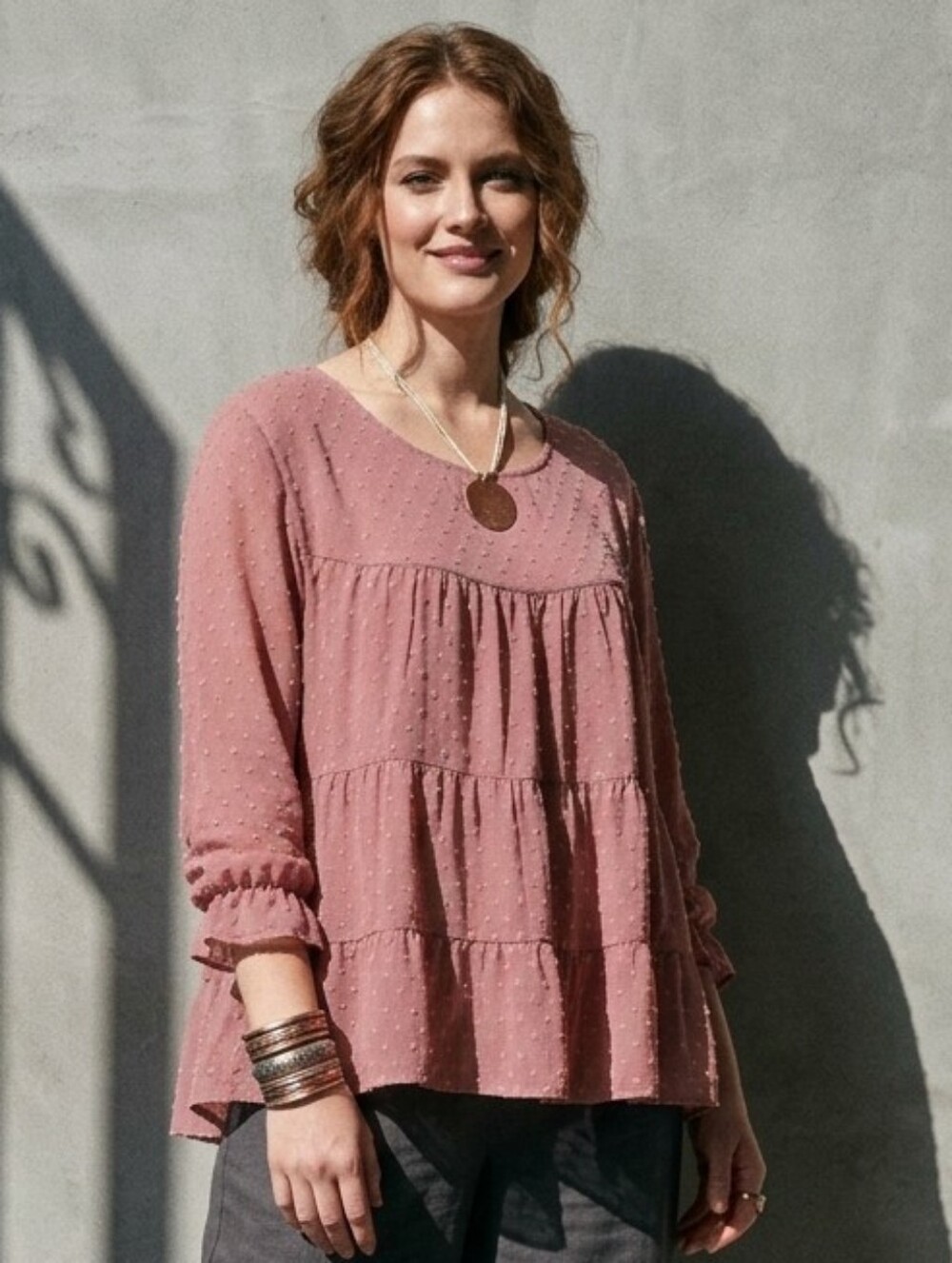 PRETTYGARDEN Swiss Dot Blouse M Dusty Rose Cottagecore Tiered Babydoll Peasant
